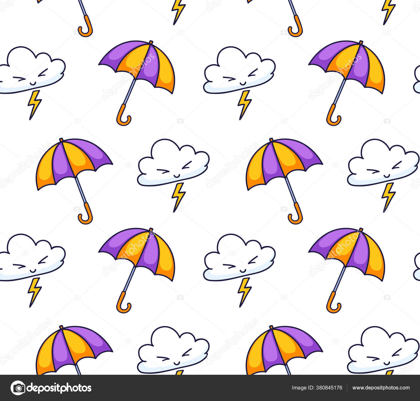 Funny Clouds Lightning Umbrellas Seamless Pattern Cute Weather Elements