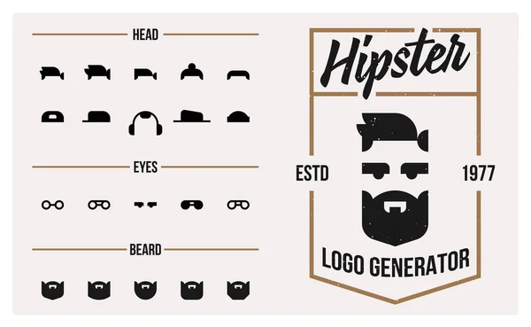 矢量时髦标志发生器 用于徽标创建的设计元素集 不同发型 眼镜和胡须风格 — 图库矢量图片