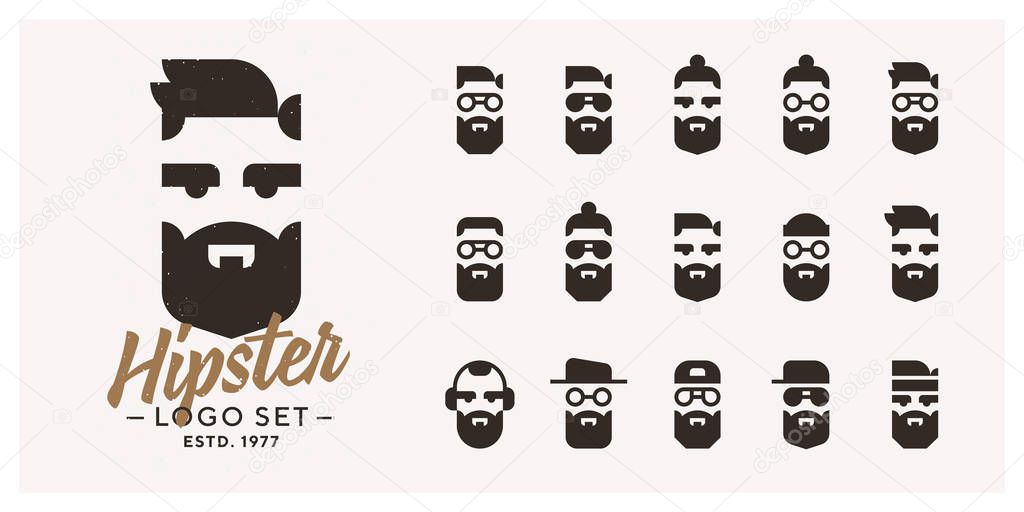 Vector Hipster logo set. 15 combinations of logotypes. Different haircuts, hats, eyes, glasses and beard styles.