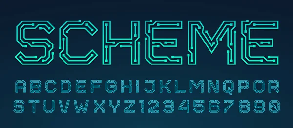 プリント回路基板スタイル フォントです 青のラテン文字 から現在電線とコネクタの までの数字 未来的なデザイン コンセプト — ストックベクタ