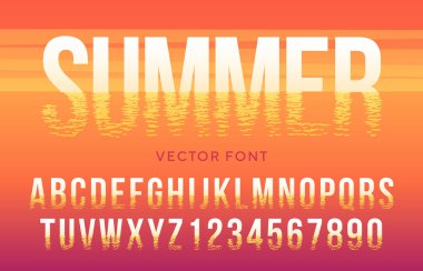 Deniz güneş ışık yansıma yaz yazı tipi. Latin alfabesi A'dan Z ve 0 numara 9 sunset beach tarzı için.