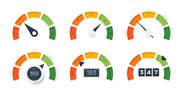 Medidor Vector Puntaje Crédito Todos Los Estados Con Diferente Posición — Archivo Imágenes Vectoriales