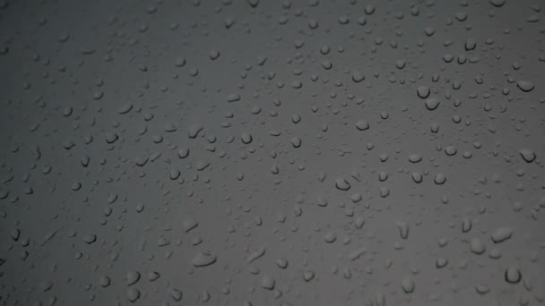 Gotas de lluvia caen sobre el cristal de la ventana y fluyen a lo largo de ella . — Vídeo de stock