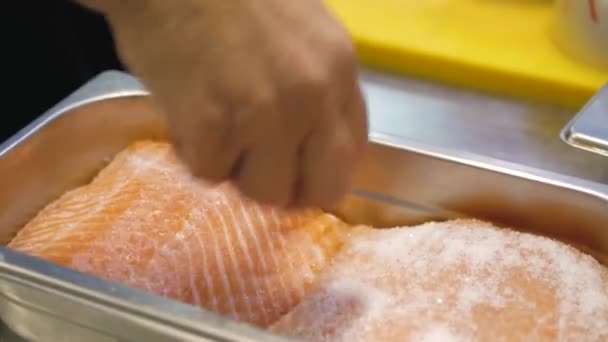 Cocina las manos en vinagre piezas de filete de salmón en un plato de acero profesional . — Vídeos de Stock