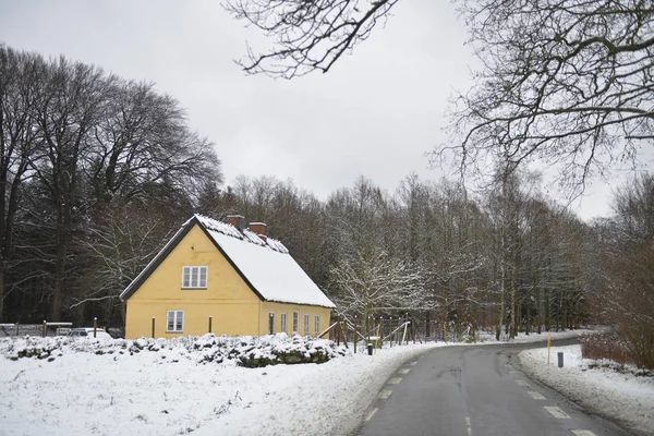 Casa Amarilla Vieja Invierno Danés — Foto de Stock