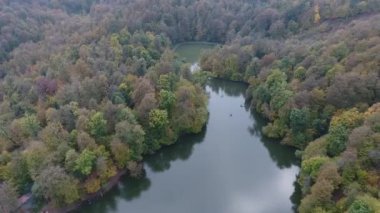 Drone uçuş Ermeni sonbahar ormanlarda gizli bir Parz göl üzerinde
