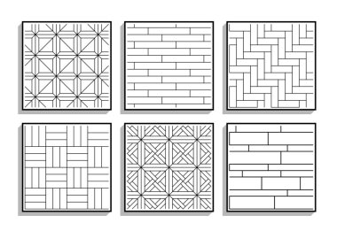 Sorunsuz parke dokular kümesi. Siyah-beyaz grafik desenleri ahşap malzeme