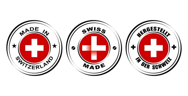 Round label "Made in Switzerland" with flag,  Swiss made with watch icon — Stock Vector