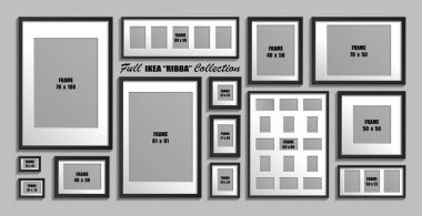 IKEA Ribba fotoğraf çerçevesi tam koleksiyonu. Gerçek boyutları. Siyah resim çerçeveleri ile beyaz passepartout vektör kümesi
