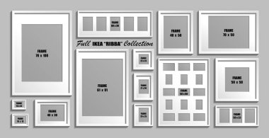 IKEA Ribba fotoğraf çerçevesi tam koleksiyonu. Gerçek boyutları. Beyaz resim çerçeveleri passepartout ile vektör kümesi