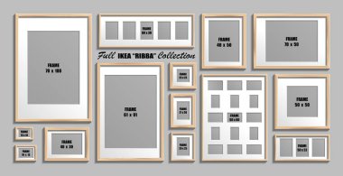 Moskova, Rusya - 10 Aralık 2018: IKEA Ribba fotoğraf çerçevesi tam koleksiyonu. Gerçek boyutları. Ahşap çerçeve beyaz passepartout ile vektör kümesi