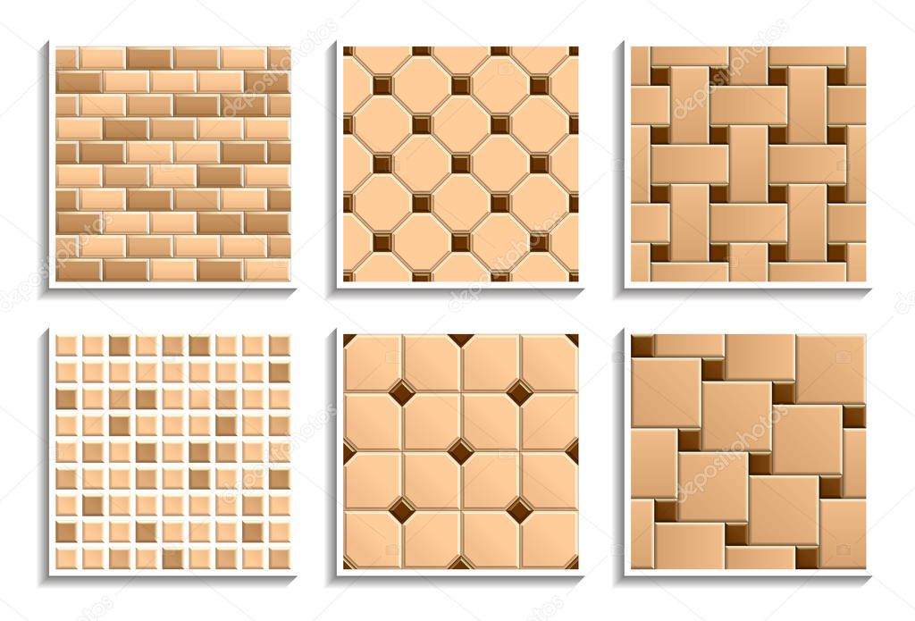 Set of seamless floor and wall tiles textures. Vector repeated patterns of mosaic, subway, brick, hopscotch, octagon, dot, basketweave