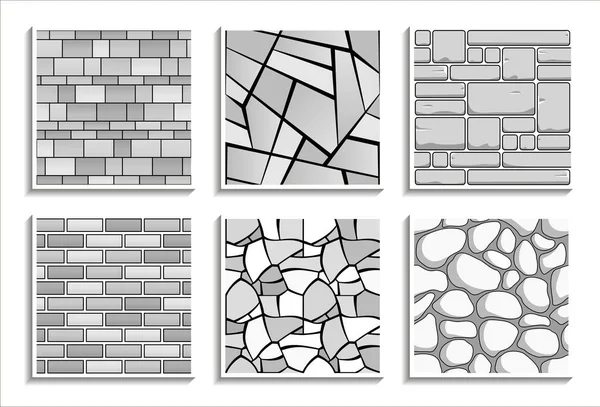 Conjunto de texturas de piedra sin costura a escala de grises. Patrones en blanco y negro de material de ladrillo — Archivo Imágenes Vectoriales