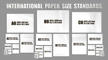 A, B, C. Kağıt kağıtlarının uluslararası ISO format standartlarının tamamı farklı boyutlarda gerçekçi beyaz kağıt sayfaların kopyaları.