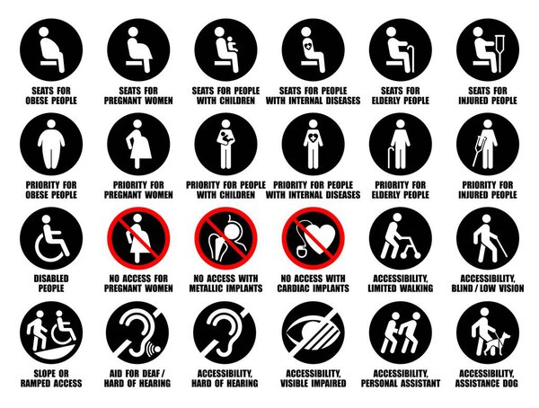Full vector pictograms collection of round ISO icons of disabled, injured, pregnant, obese, old people with wheelchair, children, dog, assistant symbols