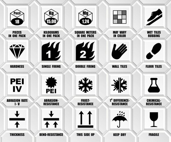 Full set of ceramic tiles packaging symbols with description. Package black square floor icons isolated on white wall. International standard ISO pictograms