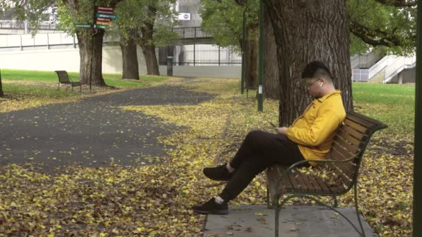 Samotni mężczyźni w żółtej kurtce korzystający ze smartfona w parku jesieni. — Wideo stockowe