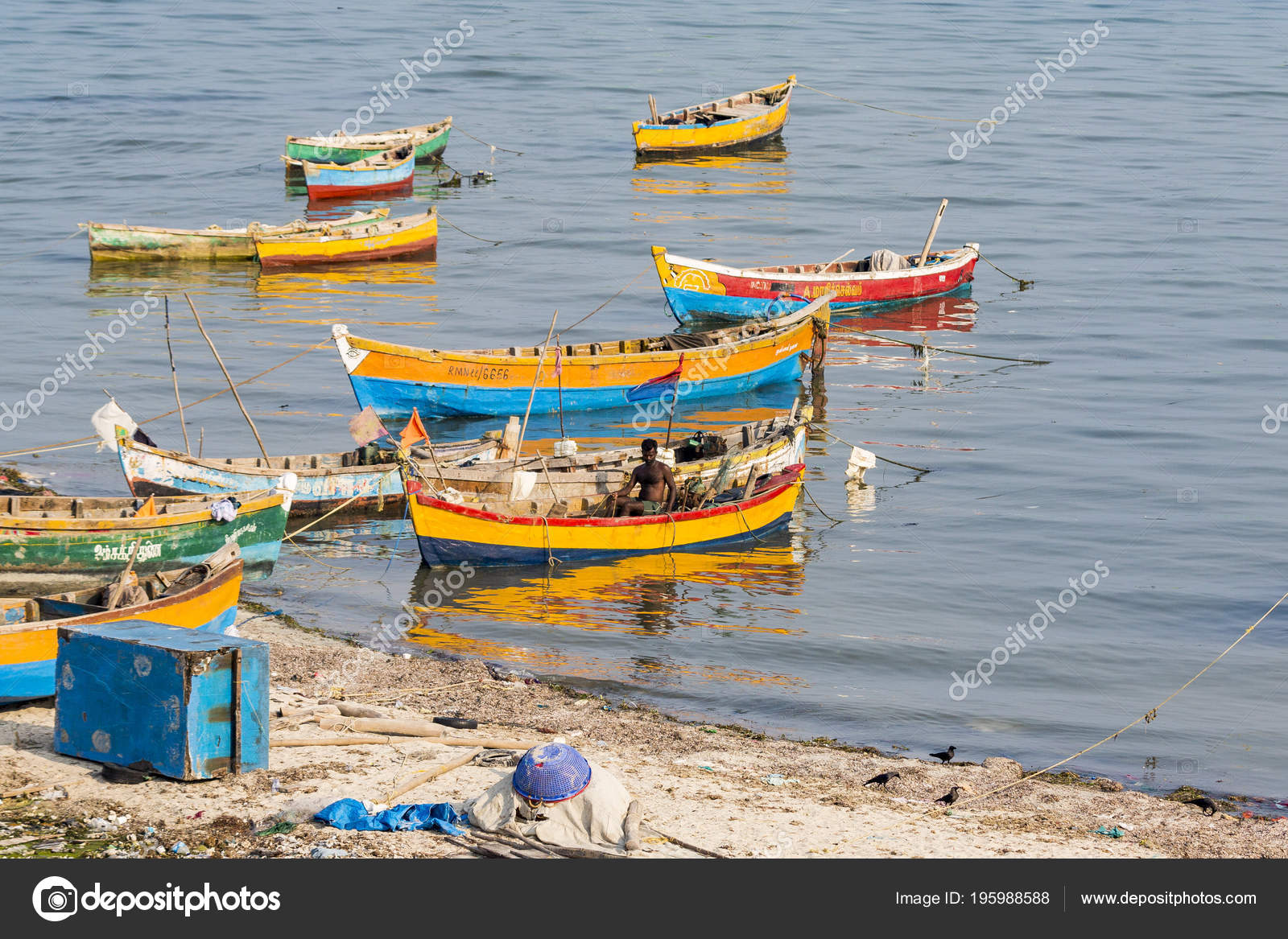 Old Wood Small Fishing Boat Floating Water India Stock Editorial