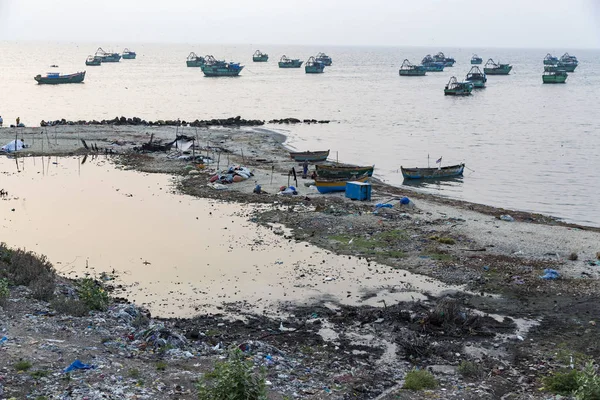 Belgesel yayın. Yaklaşık, Rameswaram, Rameshwaram, Pamban Adası, Tamil Nadu, Hindistan - 2018 Mart. Kimliği belirsiz zavallı yerel geleneksel balıkçı çöp ve inek ve keçi, bezler ile yapılmış çadır altında ortasında sahilde yaşayan.