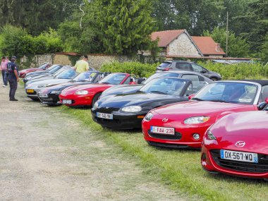 Belgesel yayın görüntü. Elbeuf, Fransa, 10 Haziran 2018. Mazda Mx5 farklı nesil bir toplantı ve geçit töreni için hafta sonu için katıldı. Değişik modelleri, değişik renkler tüm Mx5 ama