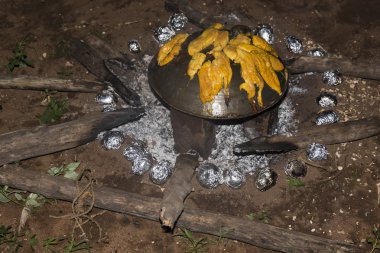 Odun Barbekü tavuk dilimleri pişirmeye olarak eski potu.