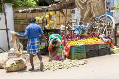 Pondichery, Puducherry, Tamil Nadu, Hindistan - Eylül yaklaşık, 2017. Hint sokak satıcısı ile taze sebze ve meyveler yol boyunca farklı sahneleri.