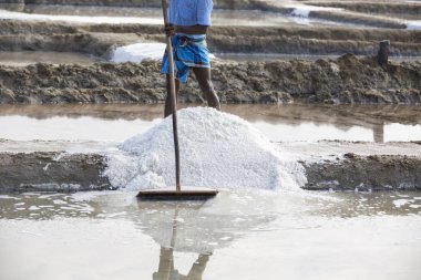Yaklaşık, Pondichery, Puducherry, Tamil Nadu, Hindistan - 2018 Mart. Yakın çekim kimliği belirsiz işçi alacak, büyük tuz alanları, işçilik, organik tarım, çok zor iş tuz toplama