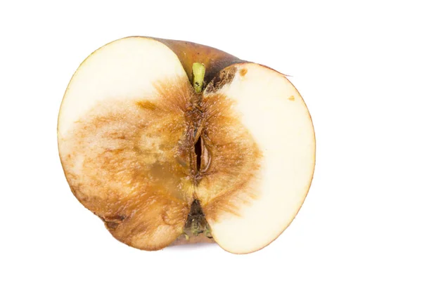 半分中の虫食いリンゴで Codling モニリア Fructigena キノコの退屈なトレースを閉じます 黒星病 うどんこ — ストック写真