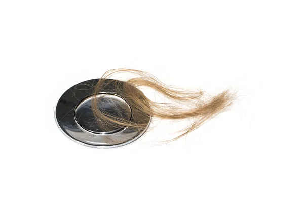 Saç Dökülmesi Lavabo Üzerinde Uzun Kahverengi Saçlı Beyaz Havzası Banyo — Stok fotoğraf