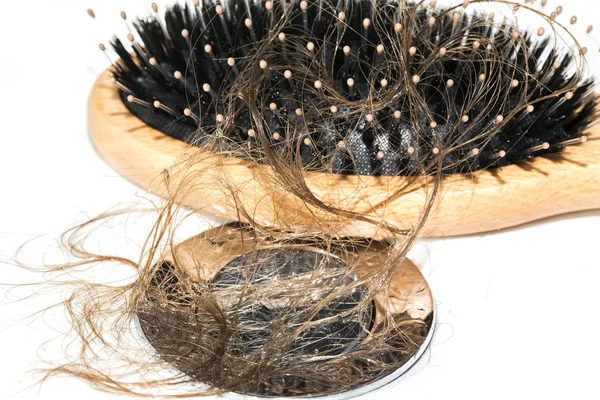 Hair Loss Washbasin Long Wet Brown Hair Wood Brush White — Stock Photo, Image