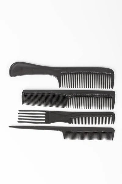 Outils Cheveux Concept Beauté Coiffure Différents Peignes Noirs Sur Fond — Photo