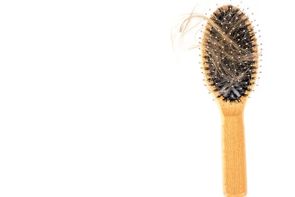 Trä Hairbrush Vit Bakgrund Närbild Med Långt Brunt Hår Hår — Stockfoto