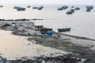 Belgesel yayın. Yaklaşık, Rameswaram, Rameshwaram, Pamban Adası, Tamil Nadu, Hindistan - 2018 Mart. Kimliği belirsiz zavallı yerel geleneksel balıkçı çöp ve inek ve keçi, bezler ile yapılmış çadır altında ortasında sahilde yaşayan.