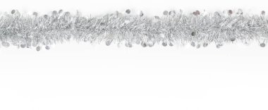 Christmas silver grey garland photo on white background. Banner, panoramic clipart