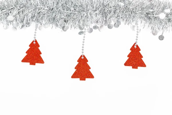 Christmas Silver Grey Garland Photo Red Trees Paper White Background — Stock Photo, Image