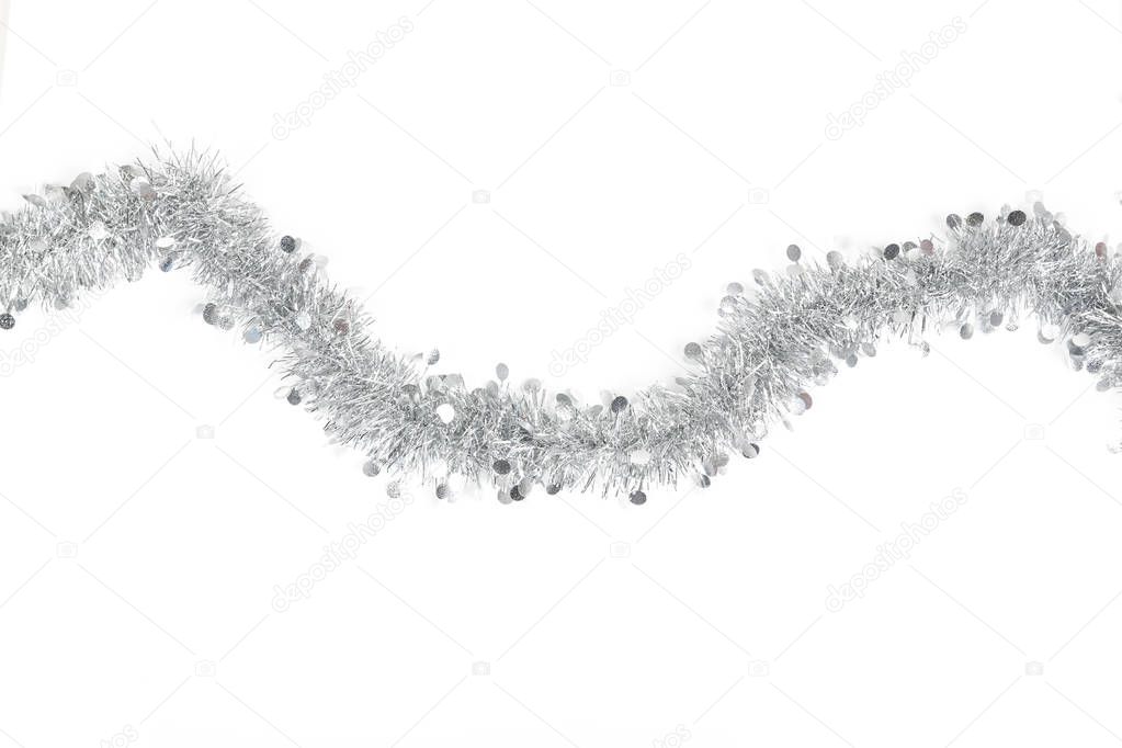 Christmas silver grey garland photo on white background.