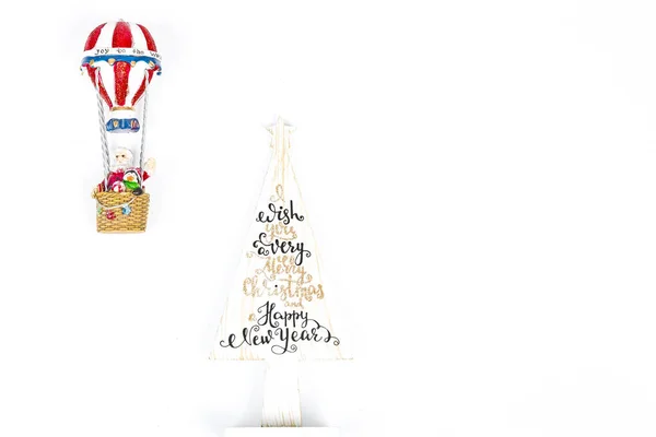 Santa Claus Hot Air Balloon Flight Wood White Tree Merry — Stock Photo, Image