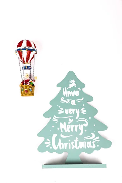 Santa Claus Hot Air Balloon Flight Wood Green Tree Merry — Stock Photo, Image