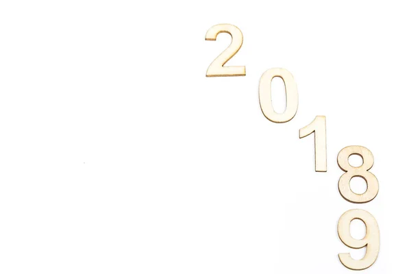 Close 2018 2019 Year Celebrate Wooden Numbers White Background Clean — Stock Photo, Image