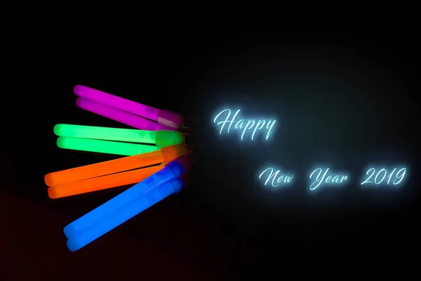 Happy New Year 2019 Colorful Fluorescent Light Neon Glow Stick — Stock Photo, Image