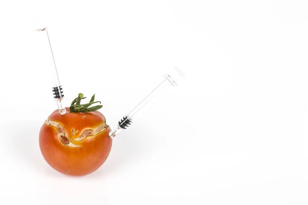 때문에 Tomatoe 주사기 유기농 유전자 변형된 체입니다 — 스톡 사진