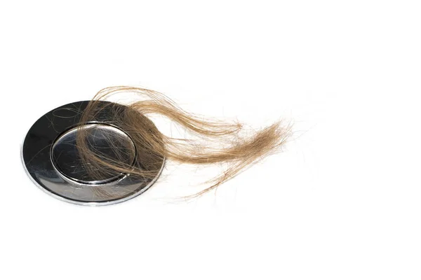 Perda Cabelo Lavatório Cabelo Castanho Longo Bacia Branca Banheiro Conceito — Fotografia de Stock