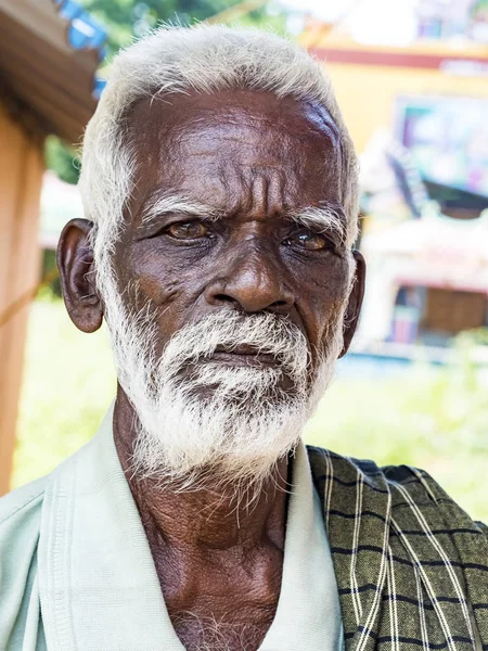 En harvestman gamla Senior Indian stackars mannen porträtt med en mörkbrun skrynkliga ansikte och vitt hår och ett vitt skägg, ser allvarlig — Stockfoto