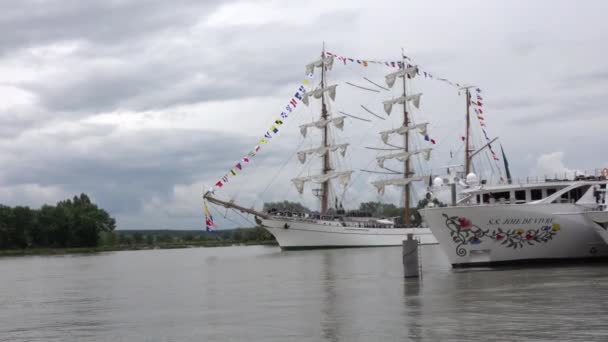 International Exhibition Biggest Sailboats Schooner Frigate Navy Boats Seine Armada — Stock Video