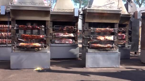 Full Pork Grilling Barbecue Street Armada Rouen — Stock Video