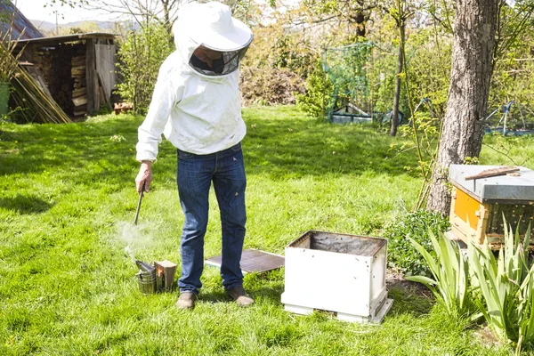 蜂をハイブに見ている養蜂家。養蜂中のミツバチの世話. — ストック写真