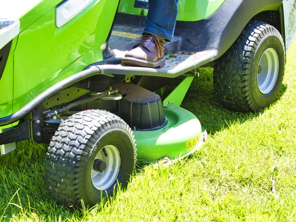 Çiçek ile bahçede bir traktör çim biçme makinesi sürüş Kıdemli adam