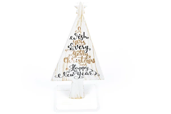 Beautiful Minimal Christmas wood tree with Merry Christmass and happy new year written, on white backgound — Stock Photo, Image