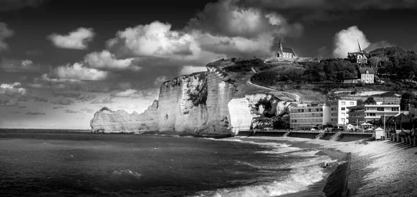 Panoramic Landscape of Etretat, great place in France to visit. Wide angle for a great view, black and white