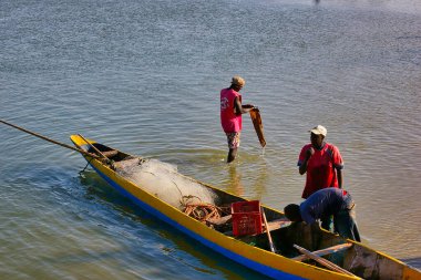 SENEGAL, AFRICA - MARSCH Circa, 2016. Sahildeki M 'Bour büyük balık pazarı manzarası. İnsanlar balıklı tekneyi bekliyor..